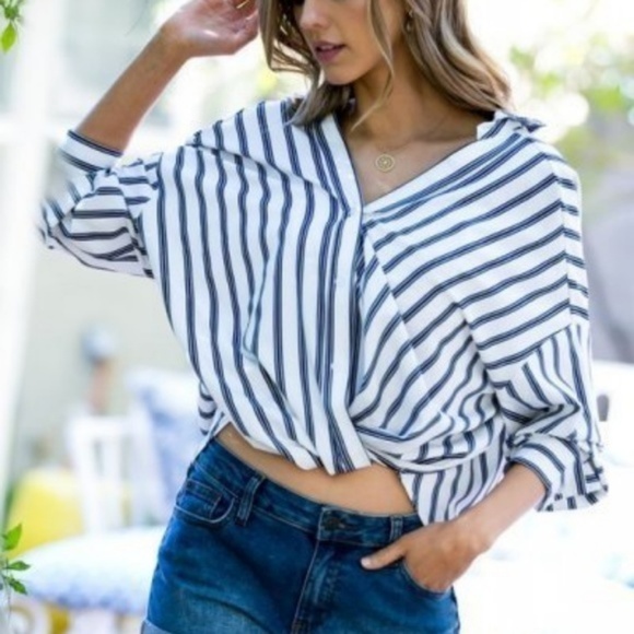 Key West Navy and Off White Striped Button Up Top - Picture 2 of 6